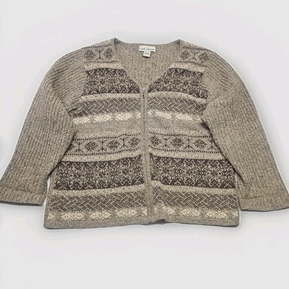 Vtg 100% Wool Knit Women Full Zip Cardigan Sweater Brown Nordic Ski Large